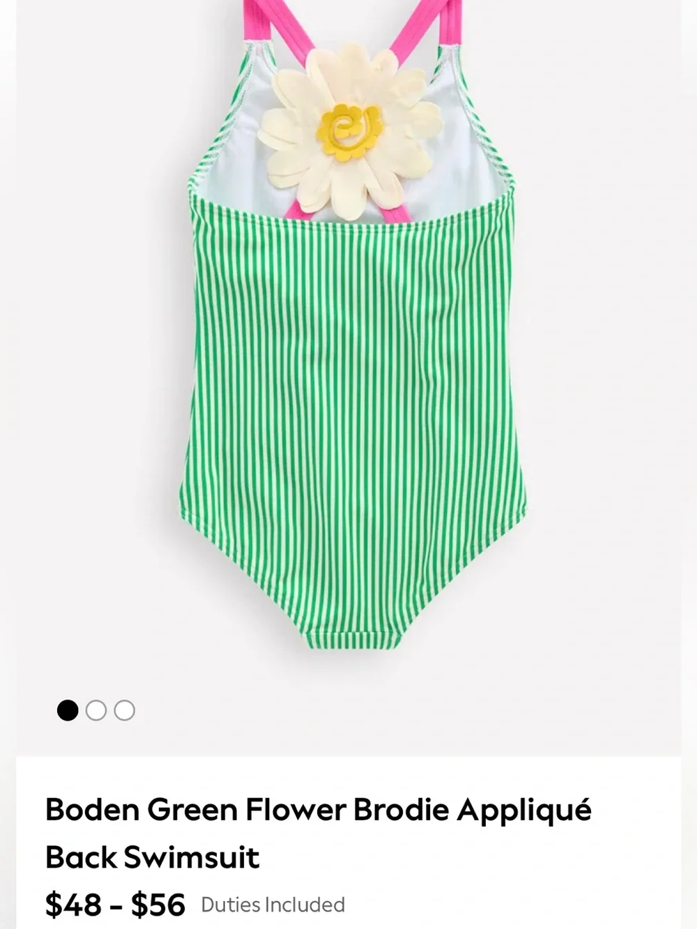 Mini Boden 5-6Y Flower Appliqué Back Green/White Striped Swimsuit